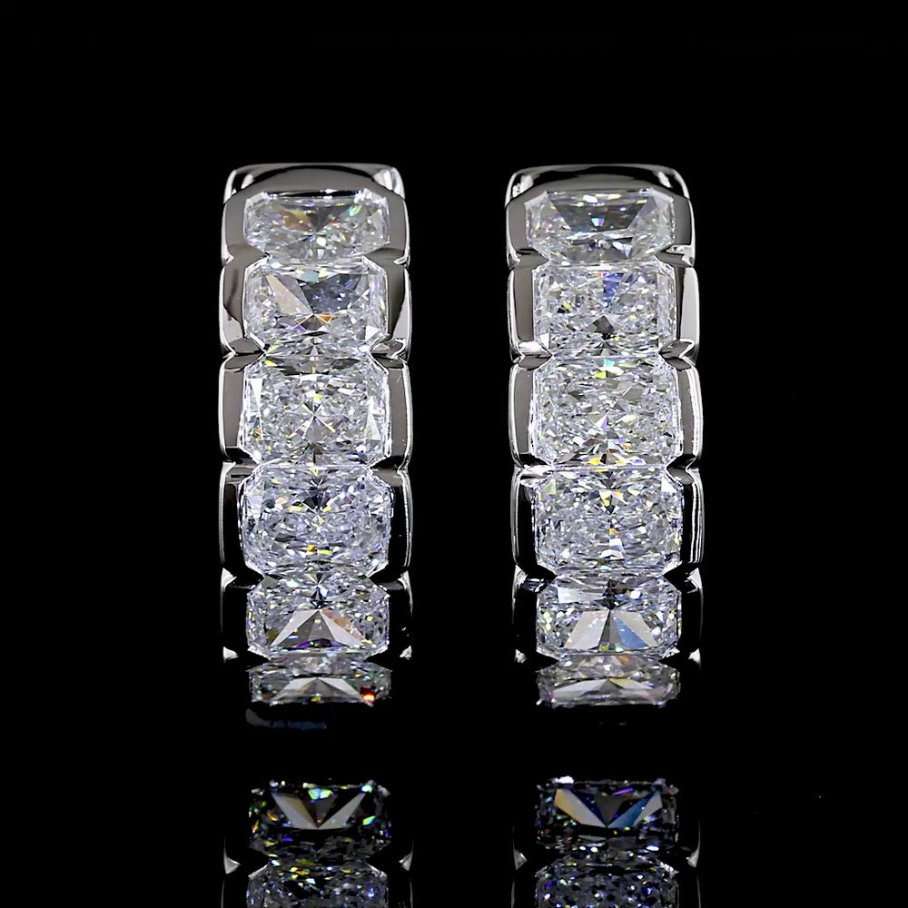 14K White Gold Radiant Cut Lab Diamond Huggie Earrings with Half Bezel Setting - 2.06 Carats Total Diamond Weight - Covaloro Fine Jewelry