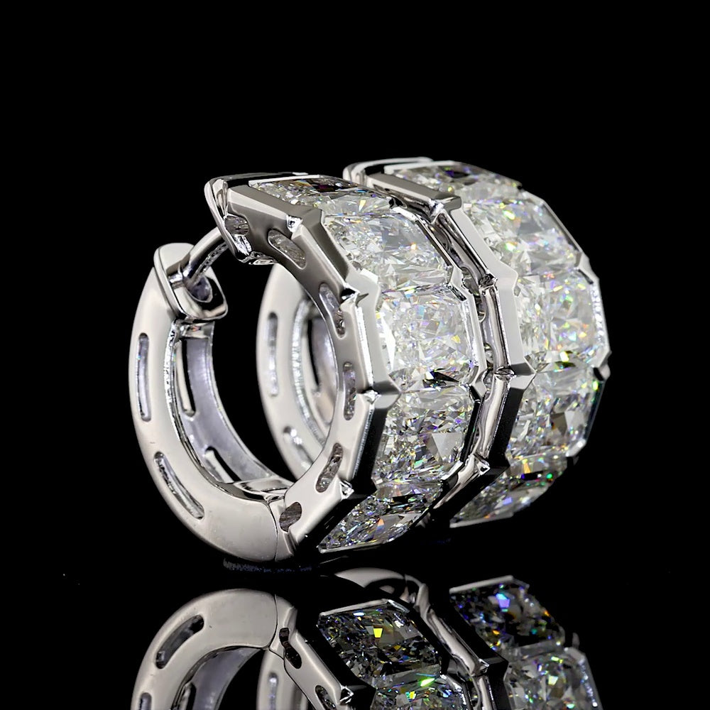 14K White Gold Radiant Cut Lab Diamond Huggie Earrings with Half Bezel Setting - 5.43 Total Carat Weight, E-F VS Clarity - Covaloro Fine Jewelry