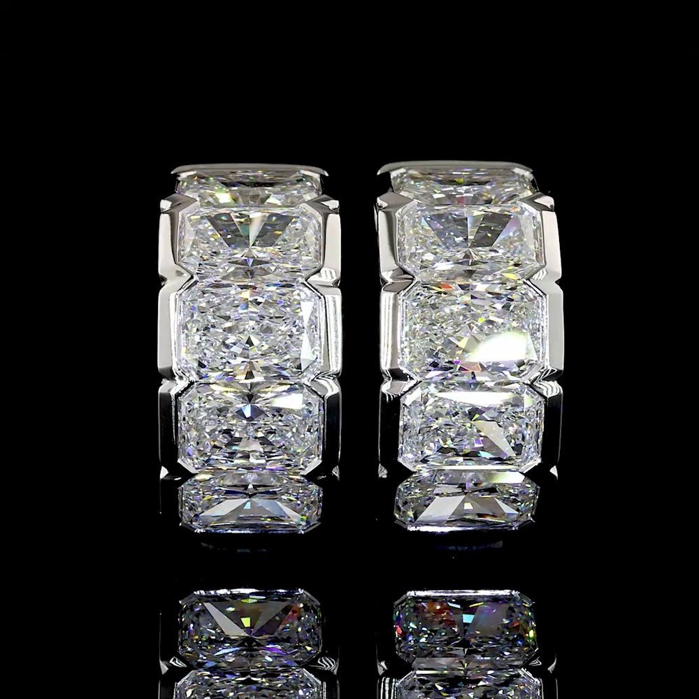 14K White Gold Radiant Cut Lab Diamond Huggie Earrings with Half Bezel Setting - 5.43 Total Carat Weight, E-F VS Clarity - Covaloro Fine Jewelry