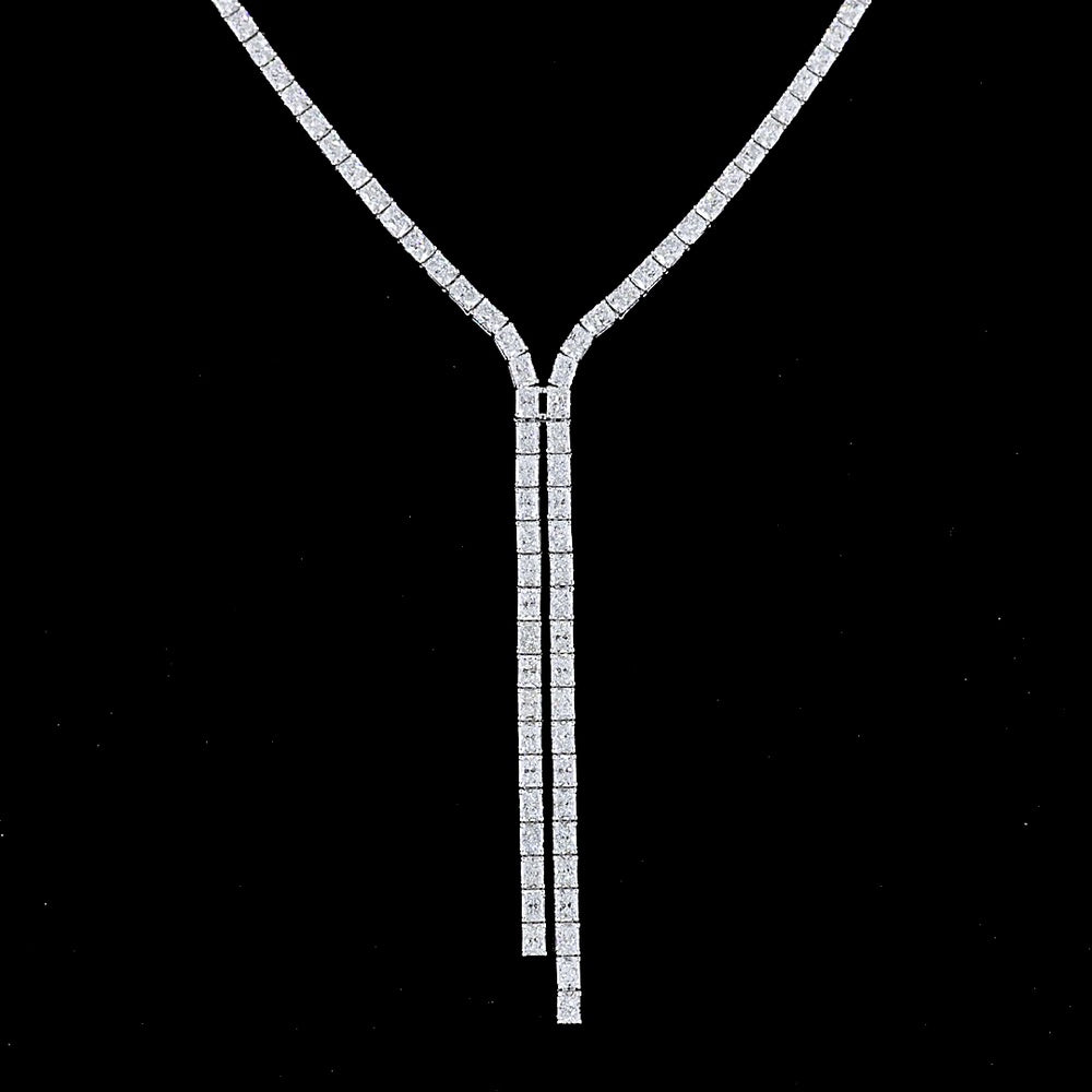 14K White Gold Radiant Cut Lab Diamond Lariat Necklace - 16.15 Carat Total Weight with 151 Prong-Set Stones in North-South Orientation - Covaloro Fine Jewelry