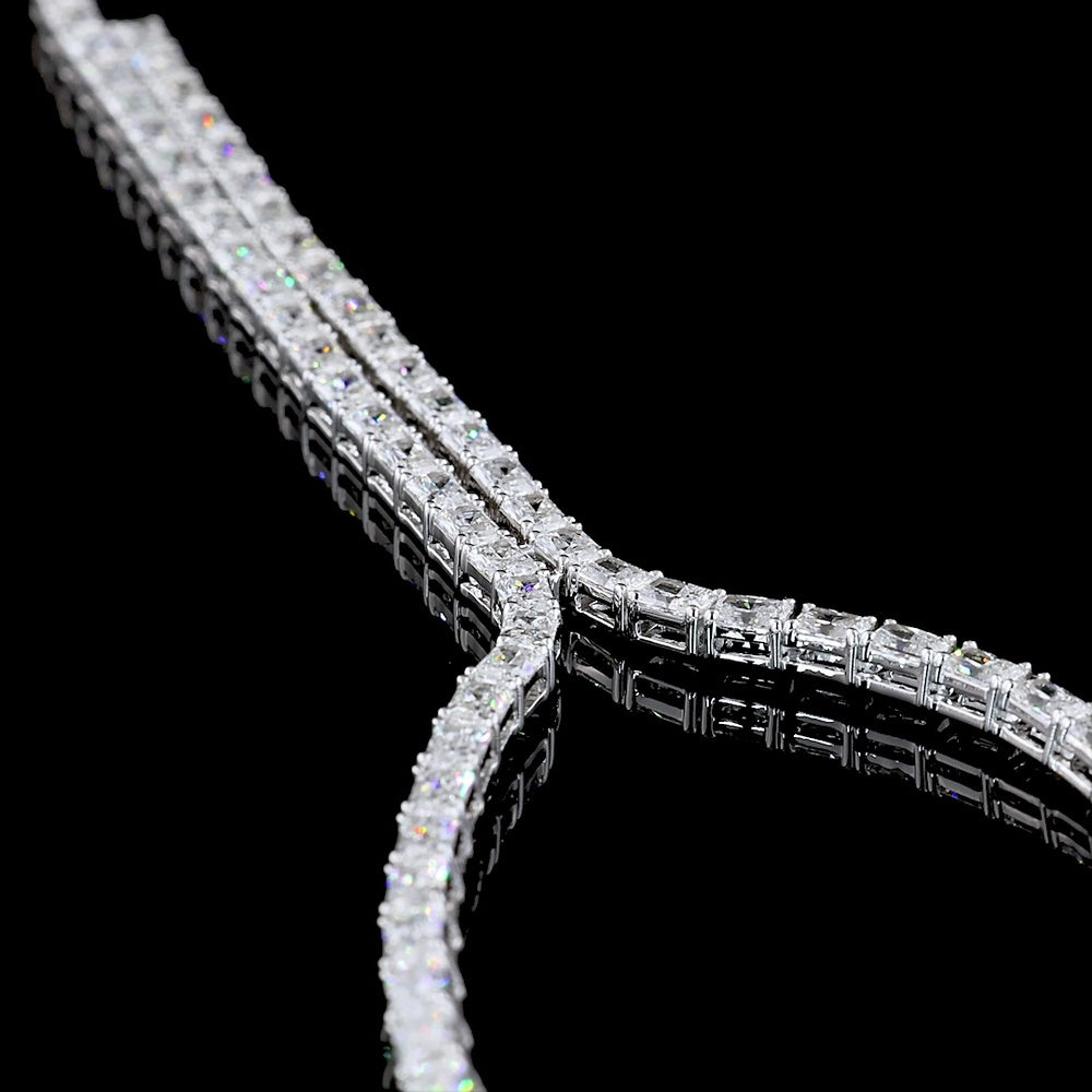 14K White Gold Radiant Cut Lab Diamond Lariat Necklace - 16.15 Carat Total Weight with 151 Prong-Set Stones in North-South Orientation - Covaloro Fine Jewelry