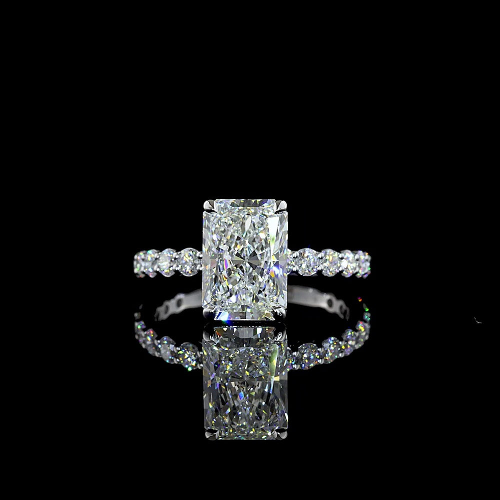 14K White Gold Radiant Cut Lab Diamond Solitaire Ring with Diamond Shank - 3.91 Total Carat Weight, E VVS2 Center - Covaloro Fine Jewelry