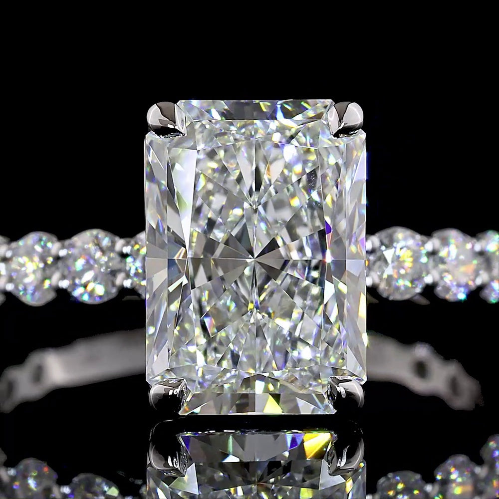 14K White Gold Radiant Cut Lab Diamond Solitaire Ring with Diamond Shank - 3.91 Total Carat Weight, E VVS2 Center - Covaloro Fine Jewelry