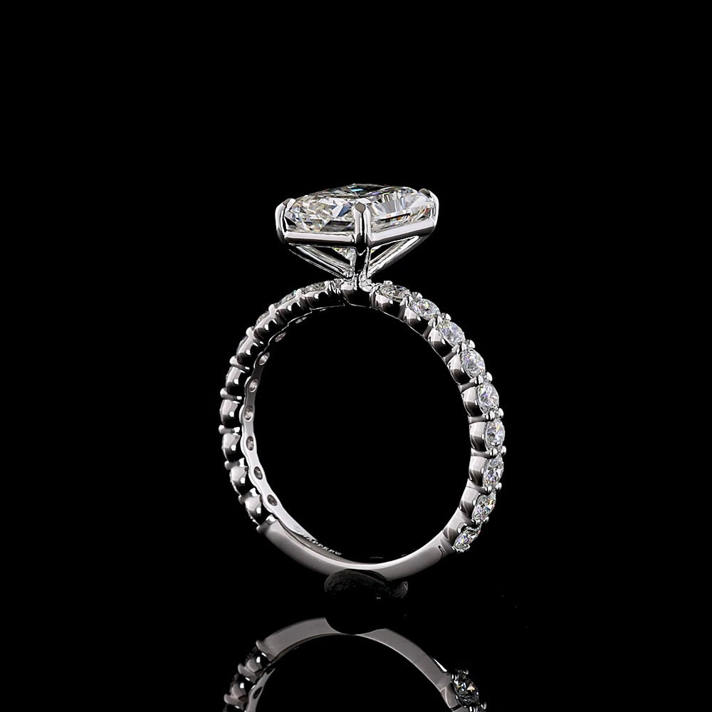 14K White Gold Radiant Cut Lab Diamond Solitaire Ring with Diamond Shank - 3.91 Total Carat Weight, E VVS2 Center - Covaloro Fine Jewelry