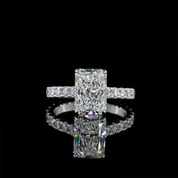 14K White Gold Radiant Cut Lab Diamond Solitaire Shank Ring featuring E VVS2 3.11 Carats Center Diamond and 0.94 Carats Round Brilliant Side Stones - 4.05 Carats Total Diamond Weight - Covaloro Fine Jewelry