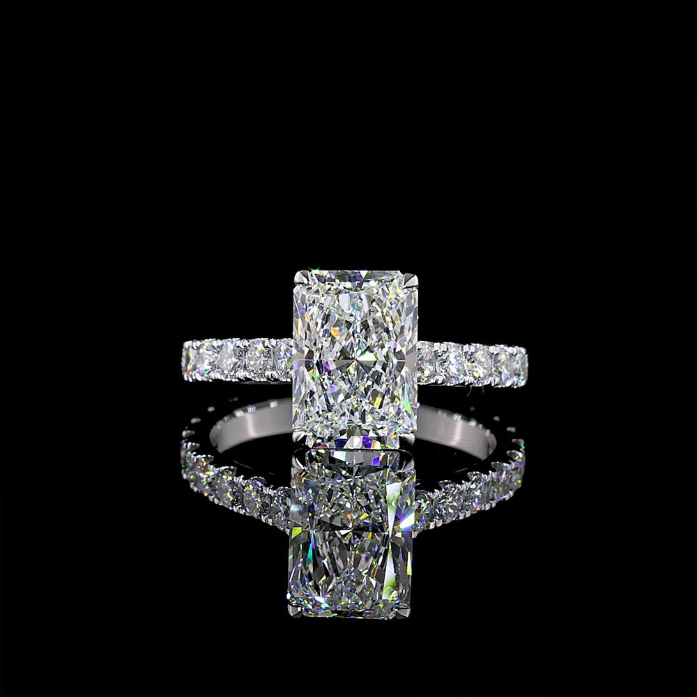14K White Gold Radiant Cut Lab Diamond Solitaire Shank Ring featuring E VVS2 3.11 Carats Center Diamond and 0.94 Carats Round Brilliant Side Stones - 4.05 Carats Total Diamond Weight - Covaloro Fine Jewelry