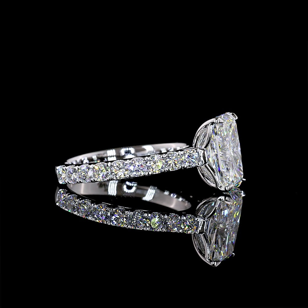 14K White Gold Radiant Cut Lab Diamond Solitaire Shank Ring featuring E VVS2 3.11 Carats Center Diamond and 0.94 Carats Round Brilliant Side Stones - 4.05 Carats Total Diamond Weight - Covaloro Fine Jewelry