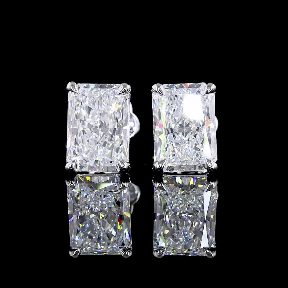 14K White Gold Radiant Cut Lab Diamond Stud Earrings - 3.94 Total Carat Weight, E VVS2 Clarity, Four-Prong Setting - Covaloro Fine Jewelry