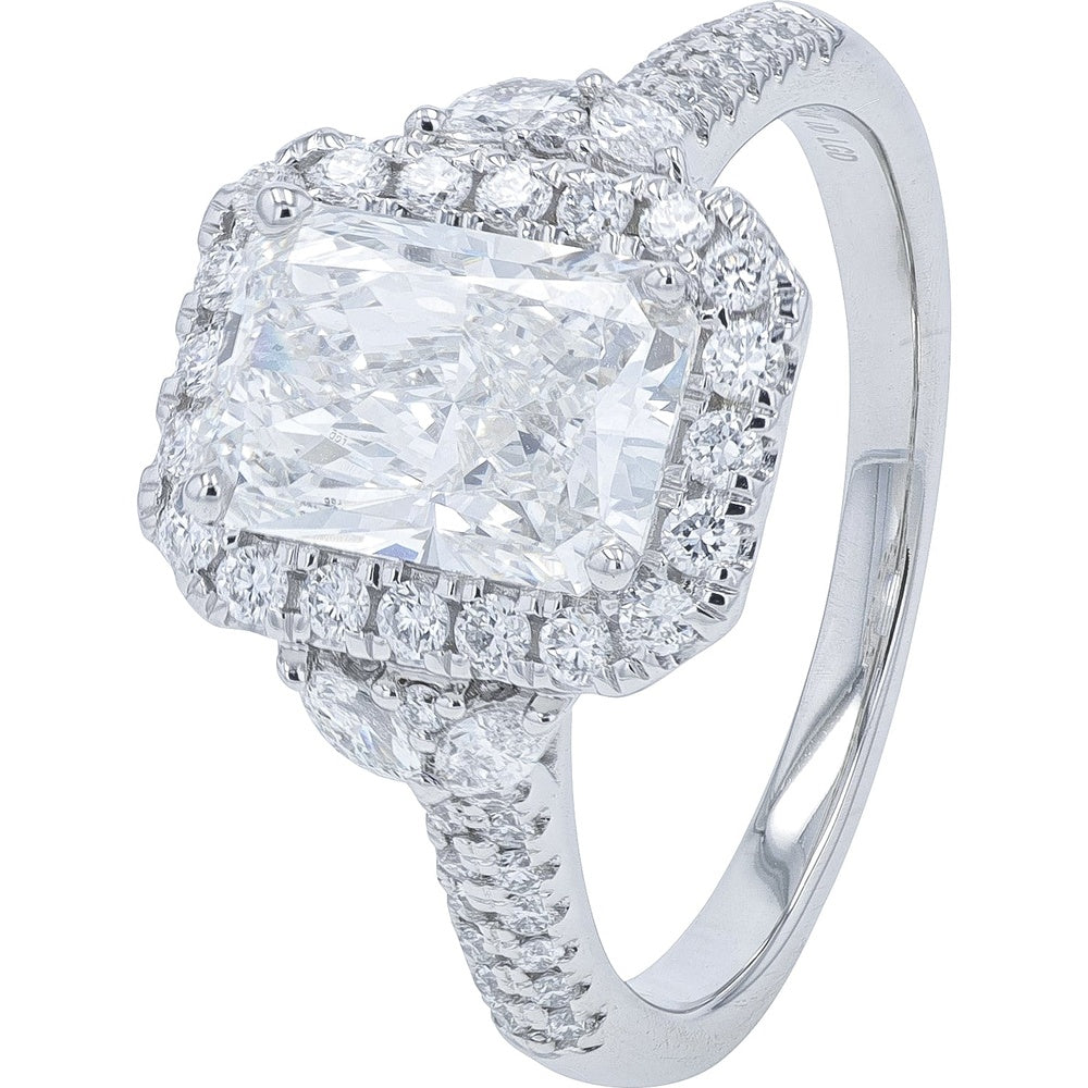 14K White Gold Radiant Cut Lab Grown Diamond Halo Engagement Ring with Marquise and Round Shoulder Accents - 2.50 Carat Total Diamond Weight