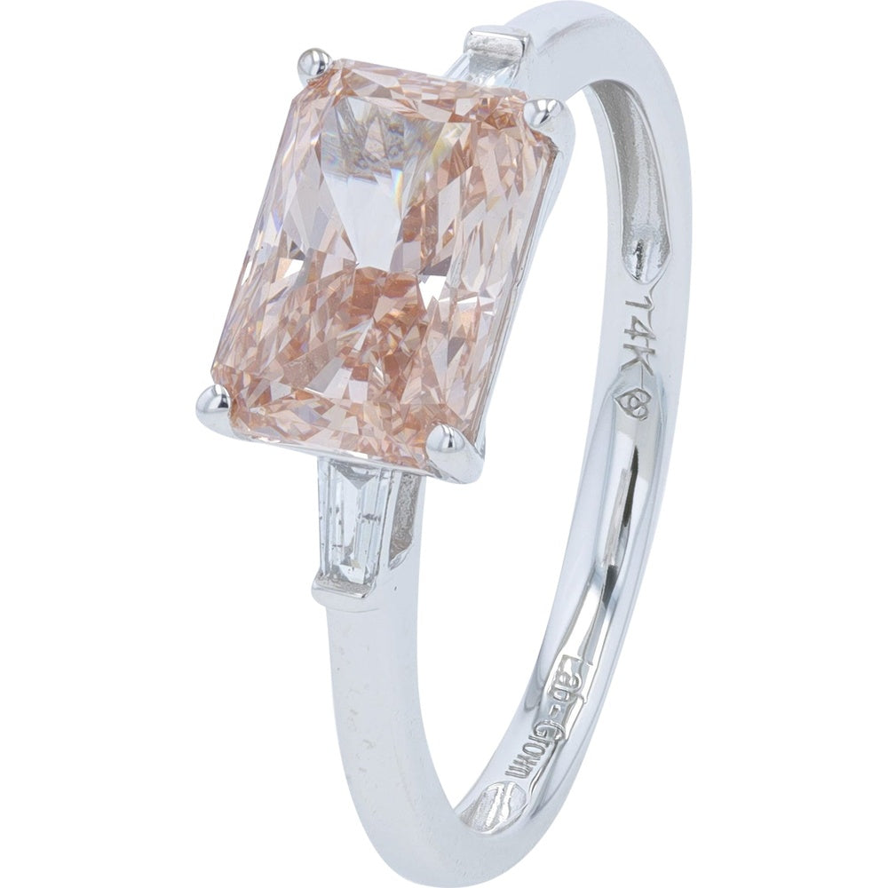 14K White Gold Radiant Cut Lab Grown Pink Diamond Engagement Ring with Baguette Accents - 2.10 Carat Total Diamond Weight