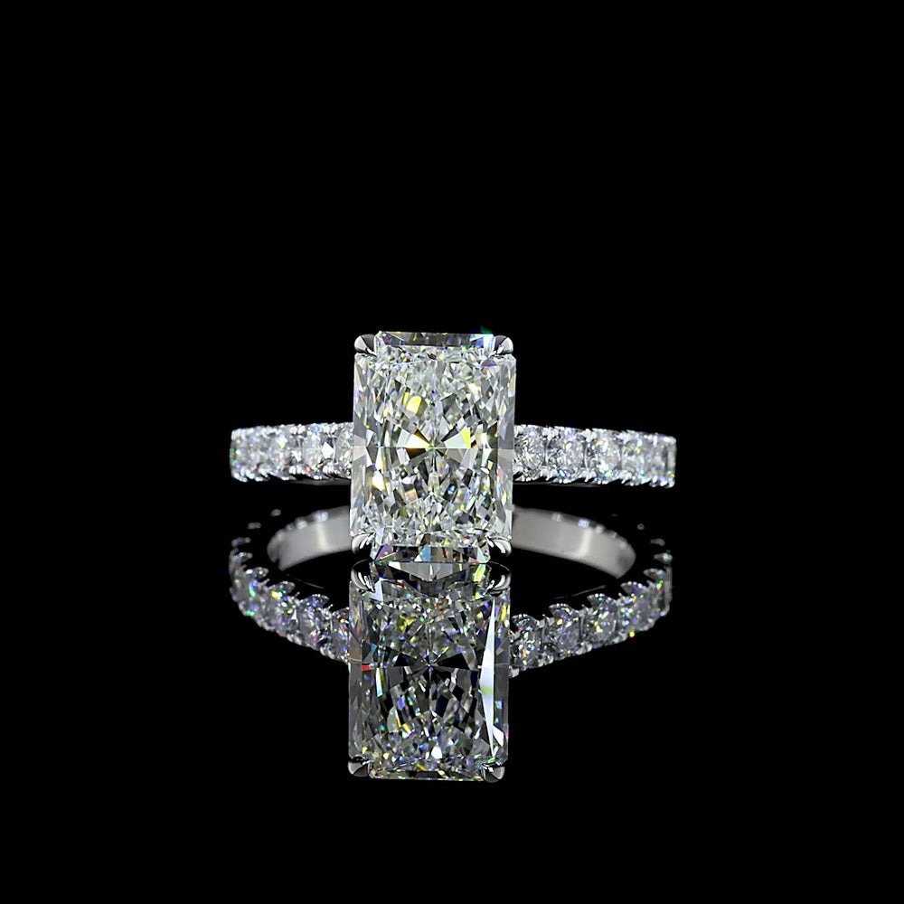 14K White Gold Radiant Cut Solitaire Diamond Shank Ring featuring 3.07 Carat E VVS2 Center and 0.96 Carat Accent Diamonds - 4.03 Carat Total Diamond Weight - Covaloro Fine Jewelry