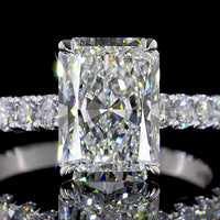 14K White Gold Radiant Cut Solitaire Diamond Shank Ring featuring 3.07 Carat E VVS2 Center and 0.96 Carat Accent Diamonds - 4.03 Carat Total Diamond Weight - Covaloro Fine Jewelry