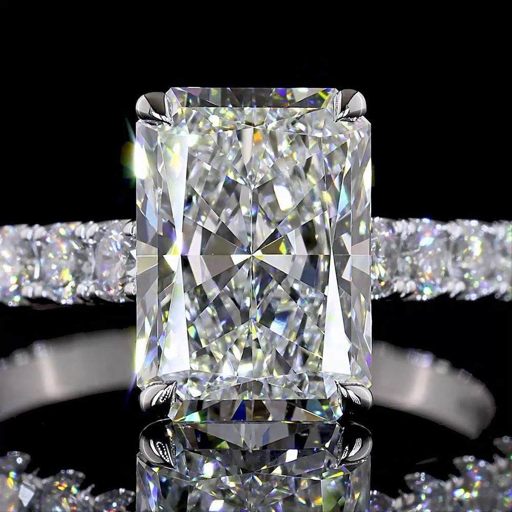 14K White Gold Radiant Cut Solitaire Diamond Shank Ring featuring 3.07 Carat E VVS2 Center and 0.96 Carat Accent Diamonds - 4.03 Carat Total Diamond Weight - Covaloro Fine Jewelry