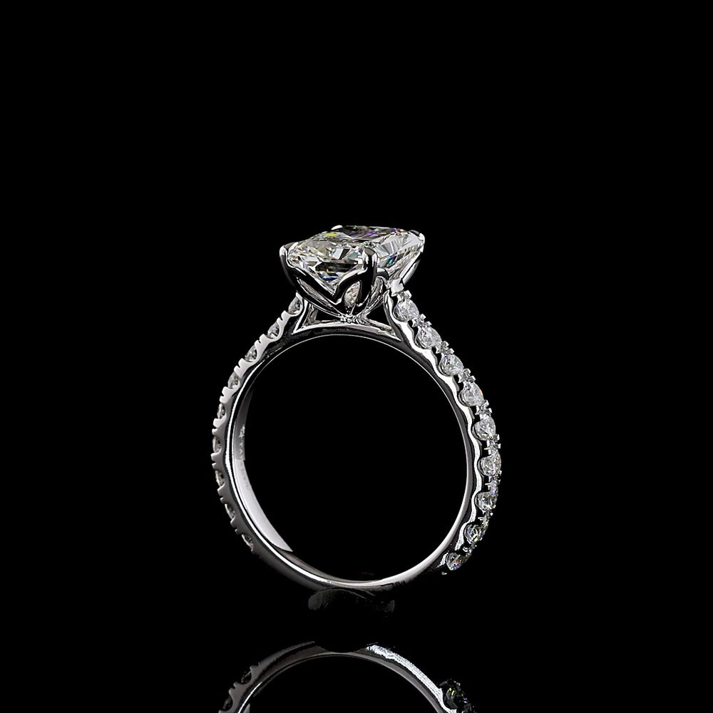 14K White Gold Radiant Cut Solitaire Diamond Shank Ring featuring 3.07 Carat E VVS2 Center and 0.96 Carat Accent Diamonds - 4.03 Carat Total Diamond Weight - Covaloro Fine Jewelry