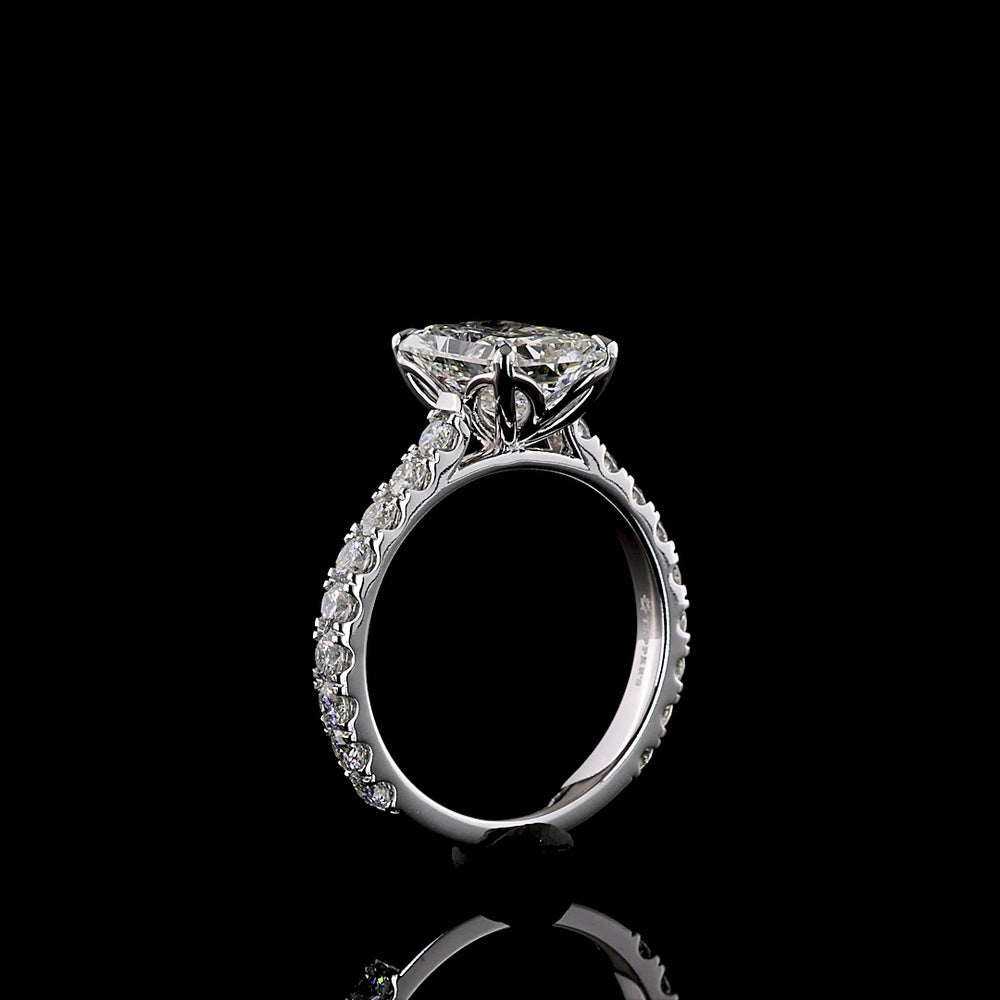 14K White Gold Radiant Cut Solitaire Diamond Shank Ring featuring 3.07 Carat E VVS2 Center and 0.96 Carat Accent Diamonds - 4.03 Carat Total Diamond Weight - Covaloro Fine Jewelry