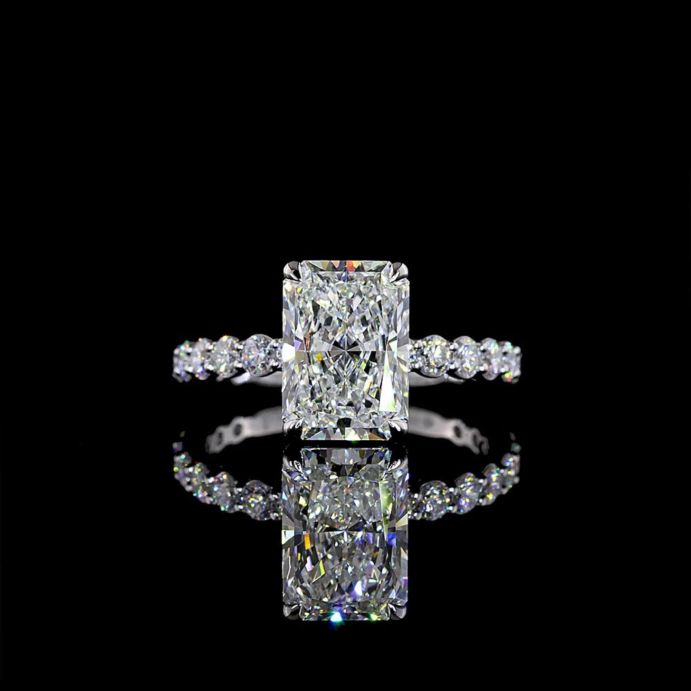 14K White Gold Radiant Cut Solitaire Diamond Shank Ring with 18 Brilliant Cut Side Stones - 3.92 Carats Total Diamond Weight (3.05 Carats Center) - Covaloro Fine Jewelry