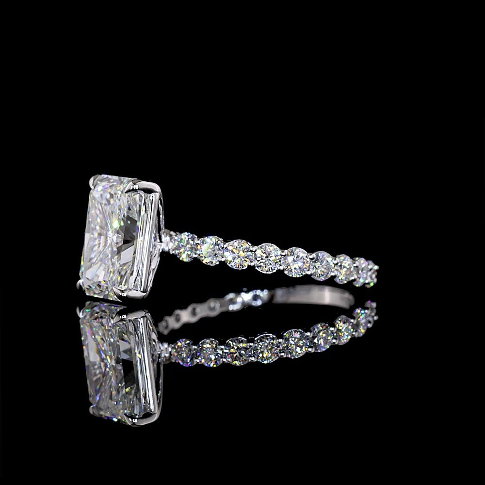 14K White Gold Radiant Cut Solitaire Diamond Shank Ring with 18 Brilliant Cut Side Stones - 3.92 Carats Total Diamond Weight (3.05 Carats Center) - Covaloro Fine Jewelry