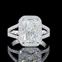 14K White Gold Radiant Cut Split Shank Halo Ring featuring 3.28 Carat Center Lab Diamond and 0.58 Carat Brilliant Cut Accent Diamonds - 3.86 Total Carat Weight - Covaloro Fine Jewelry