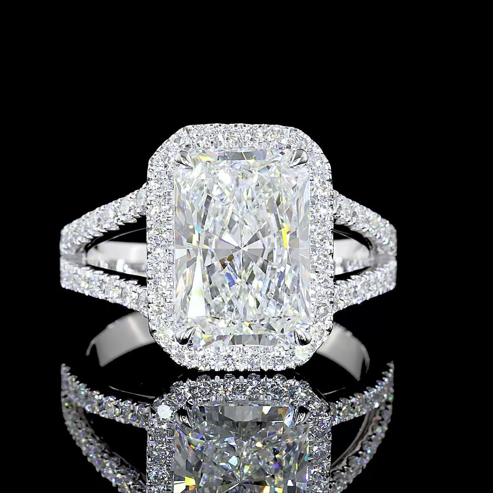 14K White Gold Radiant Cut Split Shank Halo Ring featuring 3.28 Carat Center Lab Diamond and 0.58 Carat Brilliant Cut Accent Diamonds - 3.86 Total Carat Weight - Covaloro Fine Jewelry