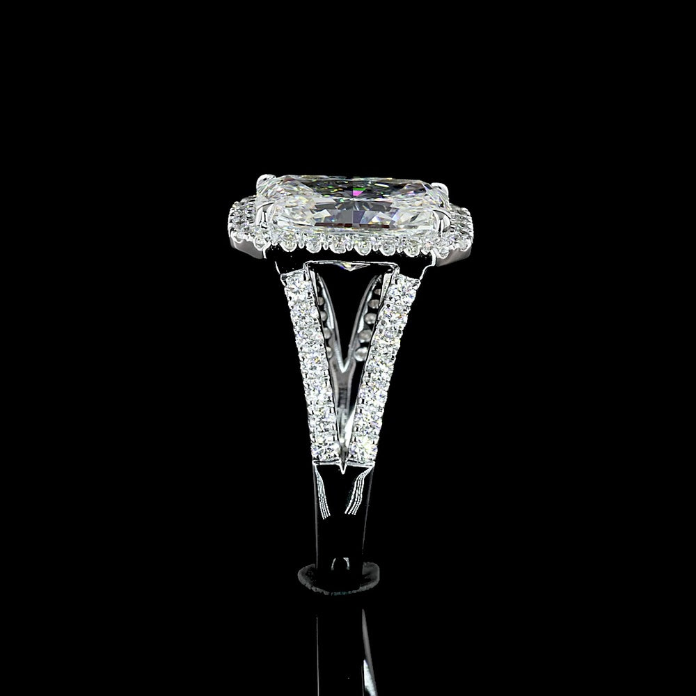 14K White Gold Radiant Cut Split Shank Halo Ring featuring 3.28 Carat Center Lab Diamond and 0.58 Carat Brilliant Cut Accent Diamonds - 3.86 Total Carat Weight - Covaloro Fine Jewelry