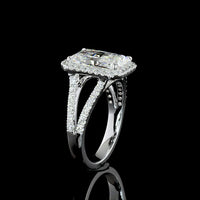 14K White Gold Radiant Cut Split Shank Halo Ring featuring 3.28 Carat Center Lab Diamond and 0.58 Carat Brilliant Cut Accent Diamonds - 3.86 Total Carat Weight - Covaloro Fine Jewelry