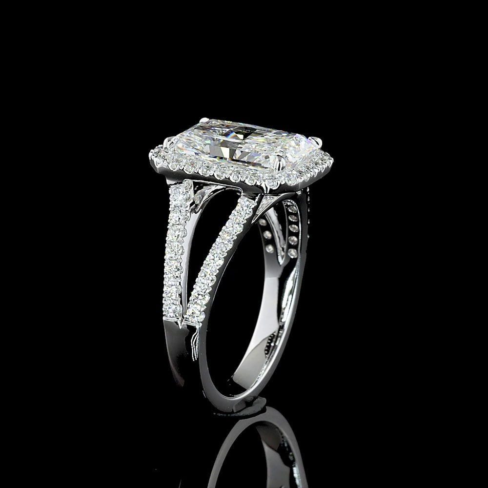 14K White Gold Radiant Cut Split Shank Halo Ring featuring 3.28 Carat Center Lab Diamond and 0.58 Carat Brilliant Cut Accent Diamonds - 3.86 Total Carat Weight - Covaloro Fine Jewelry