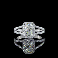 14K White Gold Radiant Cut Split Shank Halo Ring with Lab Grown D VVS2 Center Diamond and Brilliant Cut Accents - 2.13 Carats Total Diamond Weight - Covaloro Fine Jewelry