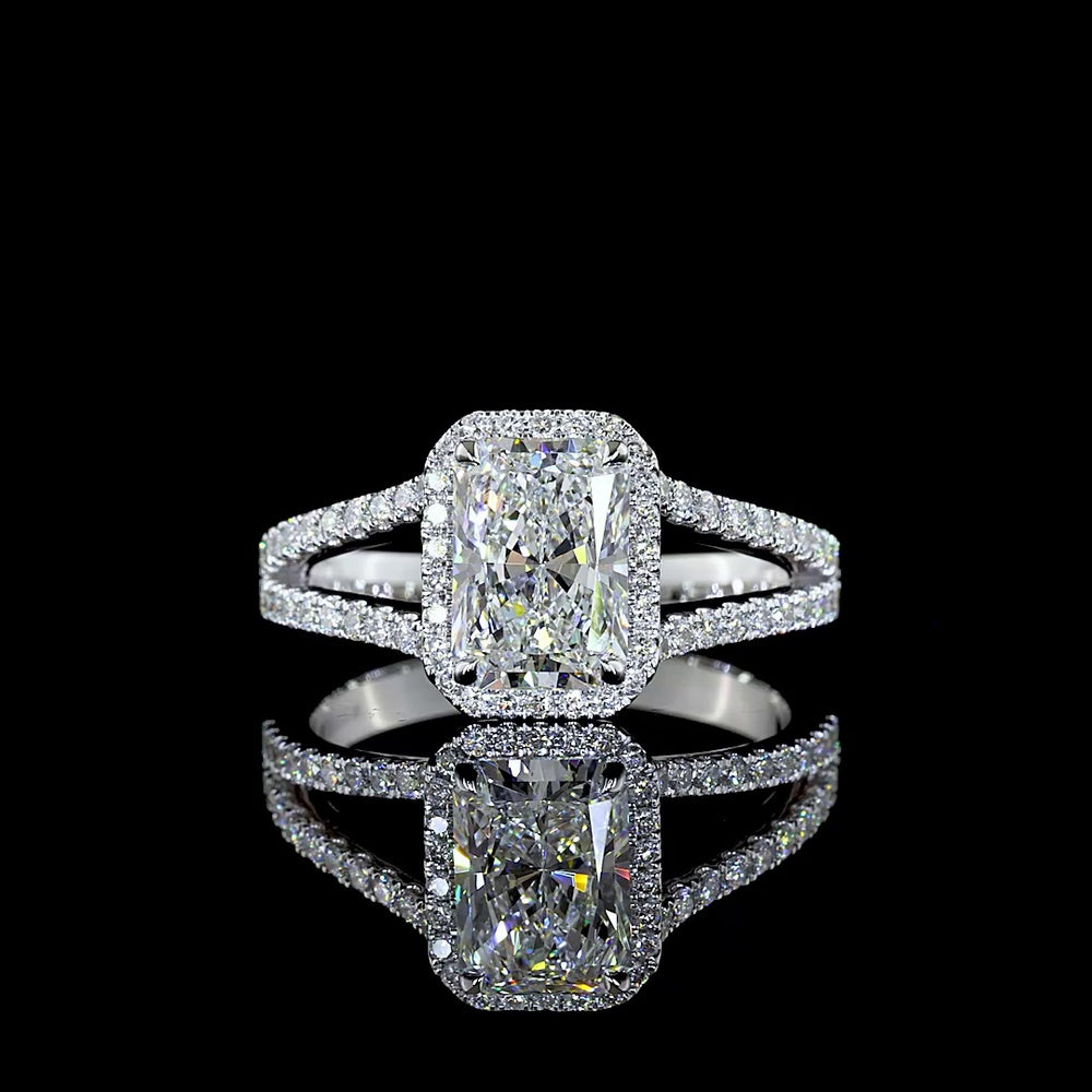 14K White Gold Radiant Cut Split Shank Halo Ring with Lab Grown D VVS2 Center Diamond and Brilliant Cut Accents - 2.13 Carats Total Diamond Weight - Covaloro Fine Jewelry