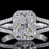 14K White Gold Radiant Cut Split Shank Halo Ring with Lab Grown D VVS2 Center Diamond and Brilliant Cut Accents - 2.13 Carats Total Diamond Weight - Covaloro Fine Jewelry