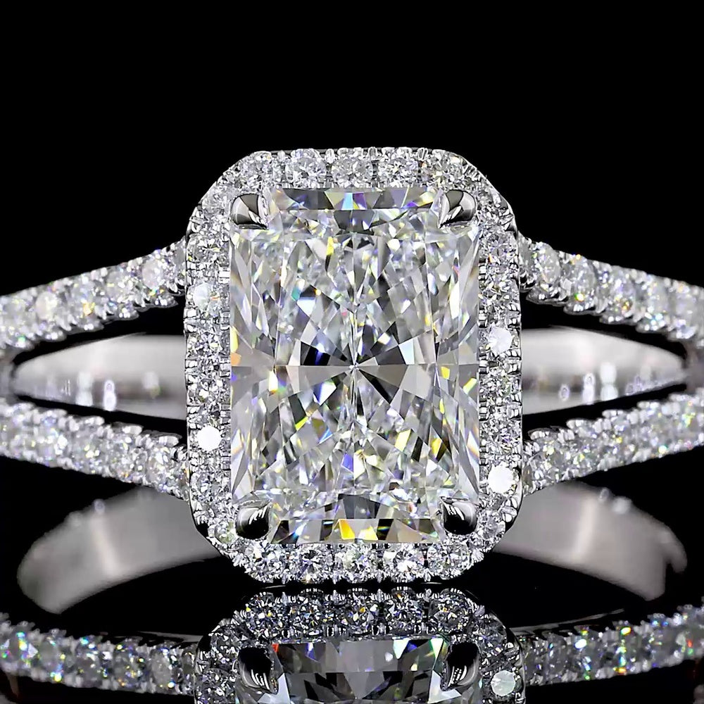 14K White Gold Radiant Cut Split Shank Halo Ring with Lab Grown D VVS2 Center Diamond and Brilliant Cut Accents - 2.13 Carats Total Diamond Weight - Covaloro Fine Jewelry