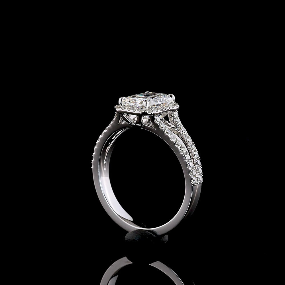 14K White Gold Radiant Cut Split Shank Halo Ring with Lab Grown D VVS2 Center Diamond and Brilliant Cut Accents - 2.13 Carats Total Diamond Weight - Covaloro Fine Jewelry