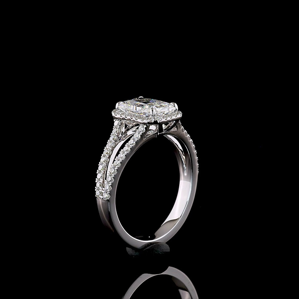 14K White Gold Radiant Cut Split Shank Halo Ring with Lab Grown D VVS2 Center Diamond and Brilliant Cut Accents - 2.13 Carats Total Diamond Weight - Covaloro Fine Jewelry