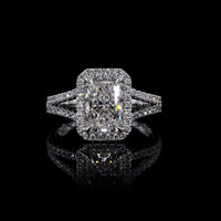 14K White Gold Radiant Cut Split Shank Halo Ring with Lab Grown E VVS1 Diamond - 1.5 Carat Total Diamond Weight - Covaloro Fine Jewelry