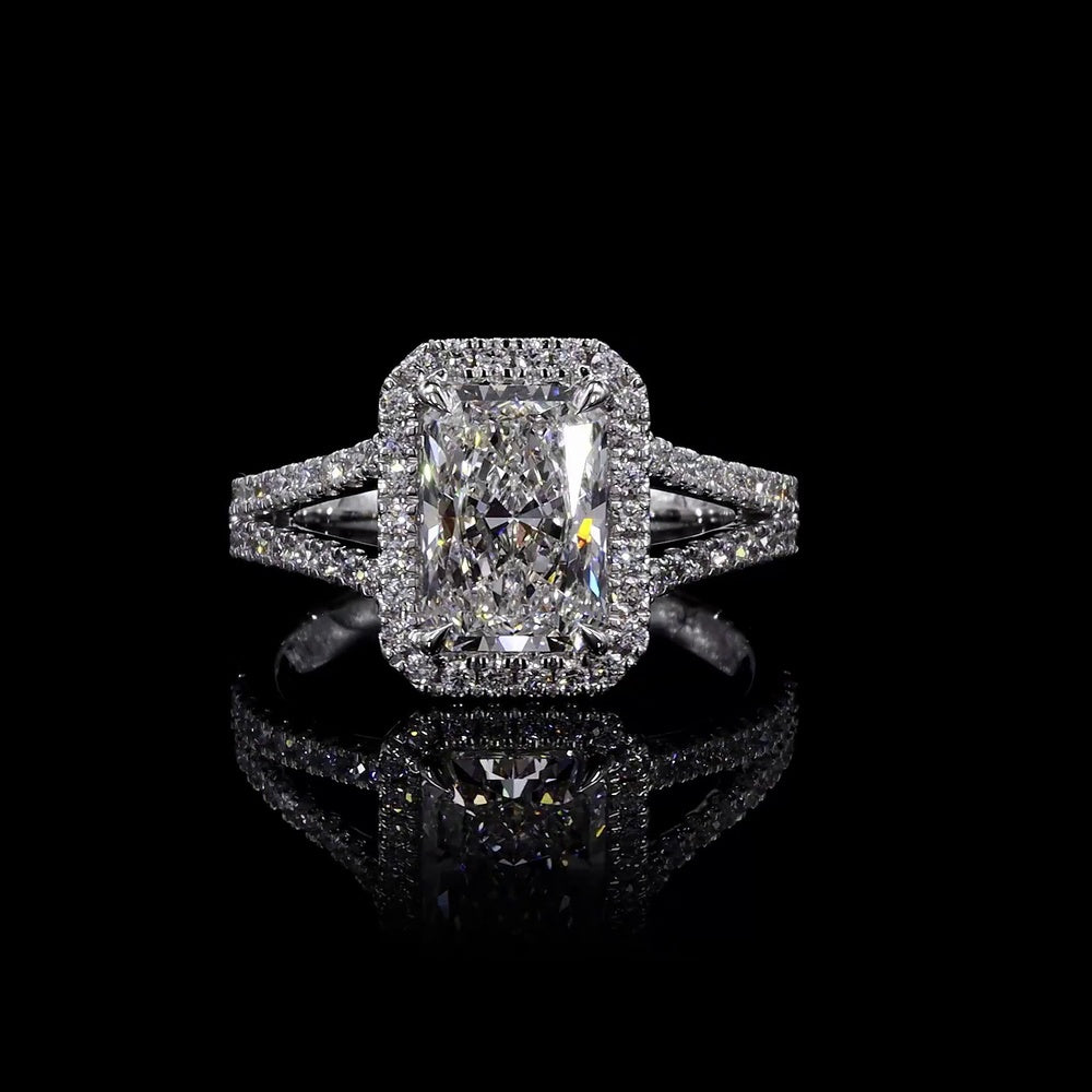 14K White Gold Radiant Cut Split Shank Halo Ring with Lab Grown E VVS1 Diamond - 1.5 Carat Total Diamond Weight - Covaloro Fine Jewelry