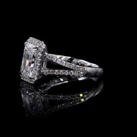 14K White Gold Radiant Cut Split Shank Halo Ring with Lab Grown E VVS1 Diamond - 1.5 Carat Total Diamond Weight - Covaloro Fine Jewelry