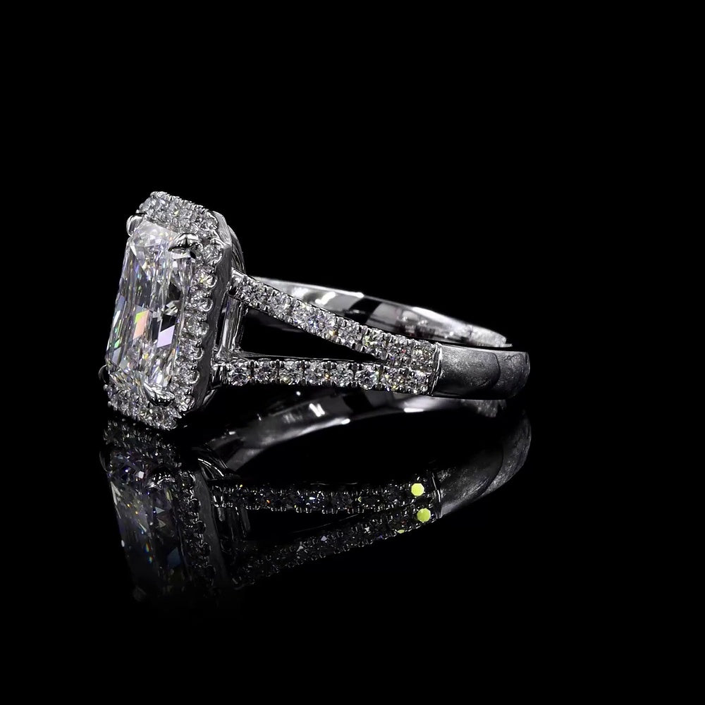 14K White Gold Radiant Cut Split Shank Halo Ring with Lab Grown E VVS1 Diamond - 1.5 Carat Total Diamond Weight - Covaloro Fine Jewelry