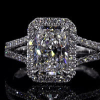 14K White Gold Radiant Cut Split Shank Halo Ring with Lab Grown E VVS1 Diamond - 1.5 Carat Total Diamond Weight - Covaloro Fine Jewelry