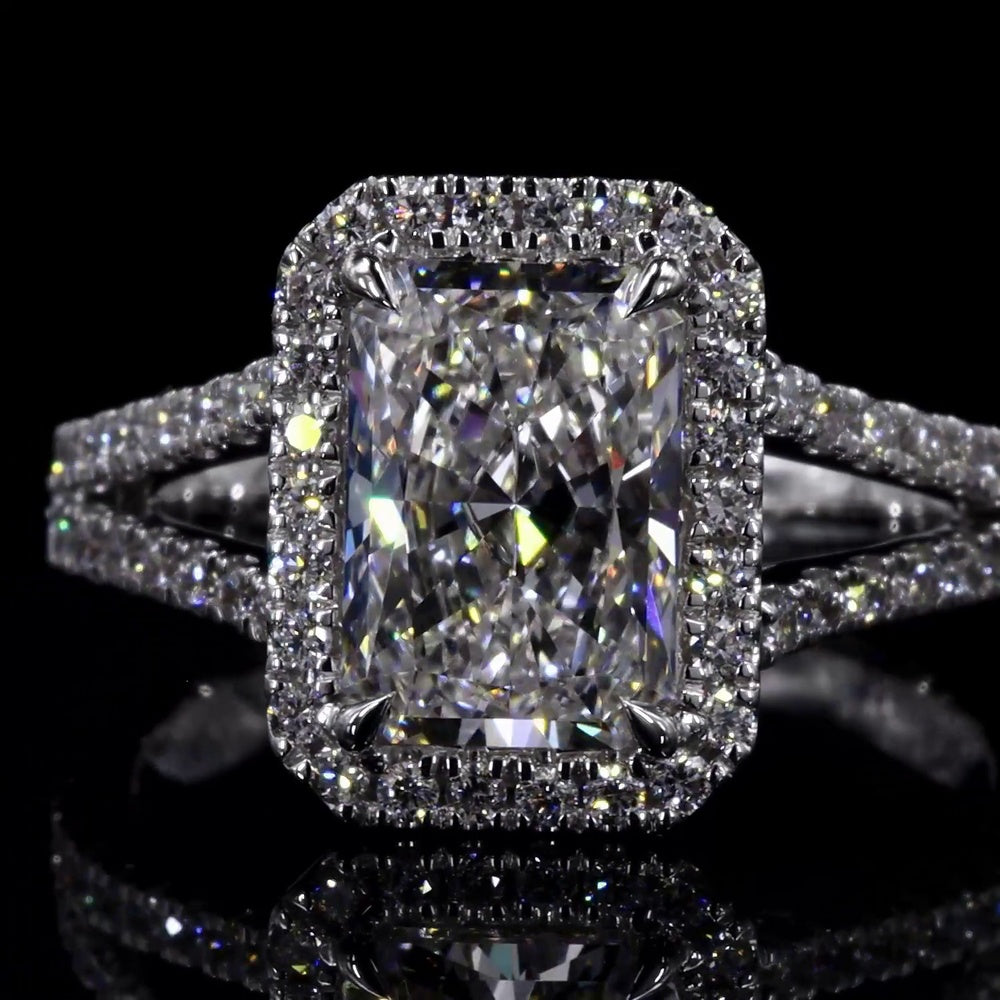 14K White Gold Radiant Cut Split Shank Halo Ring with Lab Grown E VVS1 Diamond - 1.5 Carat Total Diamond Weight - Covaloro Fine Jewelry