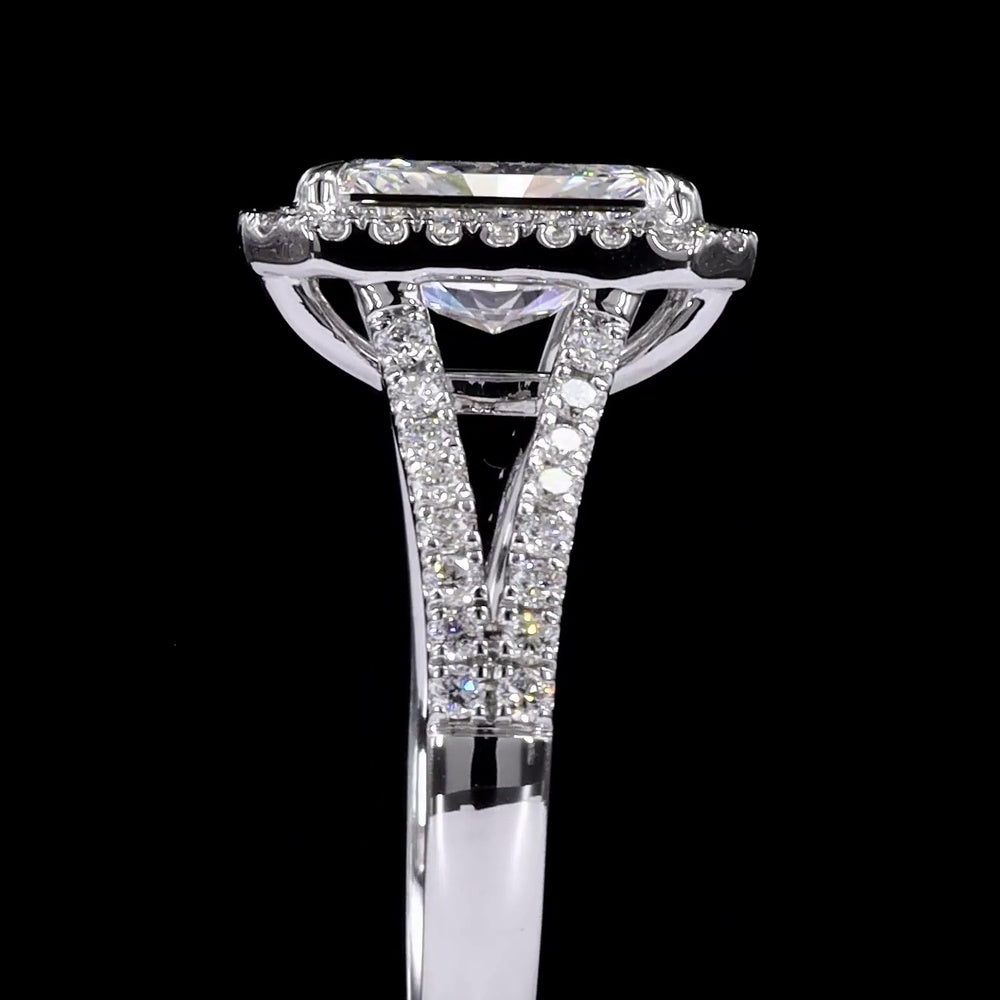 14K White Gold Radiant Cut Split Shank Halo Ring with Lab Grown E VVS1 Diamond - 1.5 Carat Total Diamond Weight - Covaloro Fine Jewelry