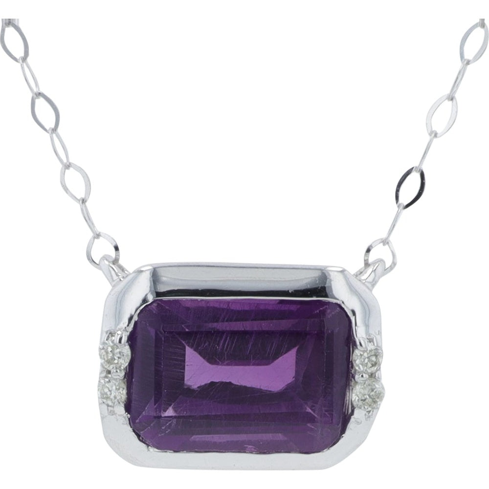 14K White Gold Rectangular Amethyst Pendant Necklace with Diamond Side Accents - 1.20 Carat Total Gem Weight