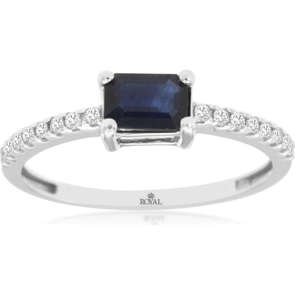 14K White Gold Rectangular Cut Sapphire Ring with Round Diamond Accents - 0.70 Carat Sapphire and 0.14 Carat Total Diamond Weight - Royal Jewelry