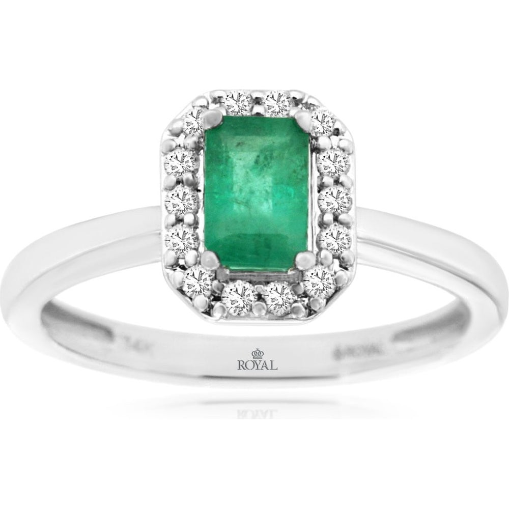 14K White Gold Rectangular Emerald Halo Ring with 0.55 Carat Emerald Center and 0.15 Carat Total Diamond Accents - Royal Jewelry