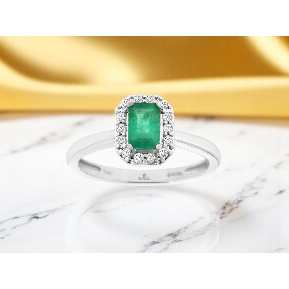 14K White Gold Rectangular Emerald Halo Ring with 0.55 Carat Emerald Center and 0.15 Carat Total Diamond Accents - Royal Jewelry