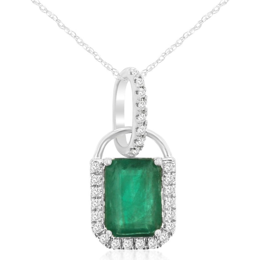 14K White Gold Rectangular Emerald Pendant with Diamond Halo - 1.00 Carat Emerald and 0.10 Carat Total Diamond Weight - Royal Jewelry