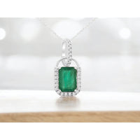 14K White Gold Rectangular Emerald Pendant with Diamond Halo - 1.00 Carat Emerald and 0.10 Carat Total Diamond Weight - Royal Jewelry