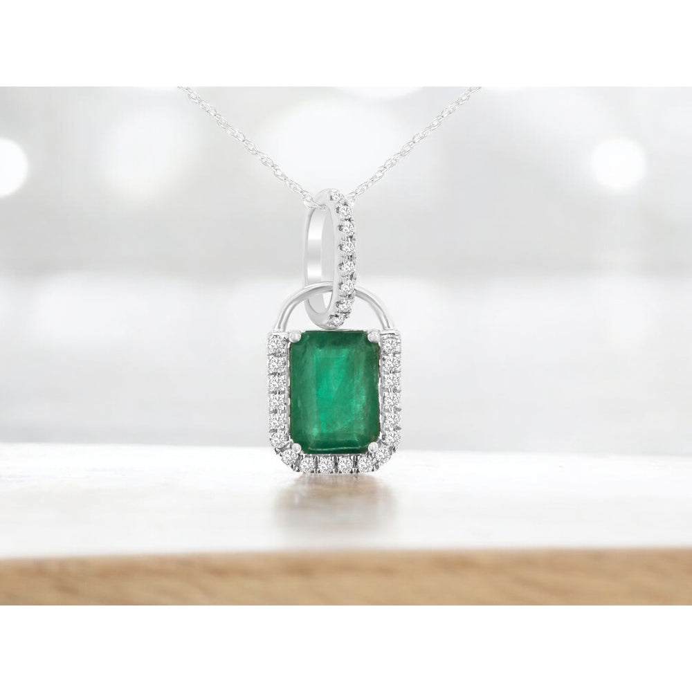 14K White Gold Rectangular Emerald Pendant with Diamond Halo - 1.00 Carat Emerald and 0.10 Carat Total Diamond Weight - Royal Jewelry