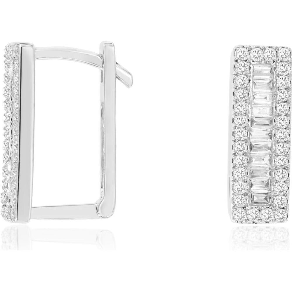 14K White Gold Rectangular Huggie Earrings with Baguette and Round Diamonds - 0.51 Carat Total Diamond Weight - Royal Jewelry