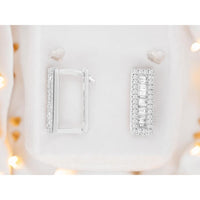 14K White Gold Rectangular Huggie Earrings with Baguette and Round Diamonds - 0.51 Carat Total Diamond Weight - Royal Jewelry