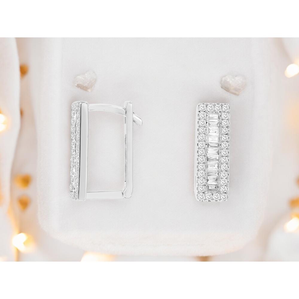 14K White Gold Rectangular Huggie Earrings with Baguette and Round Diamonds - 0.51 Carat Total Diamond Weight - Royal Jewelry