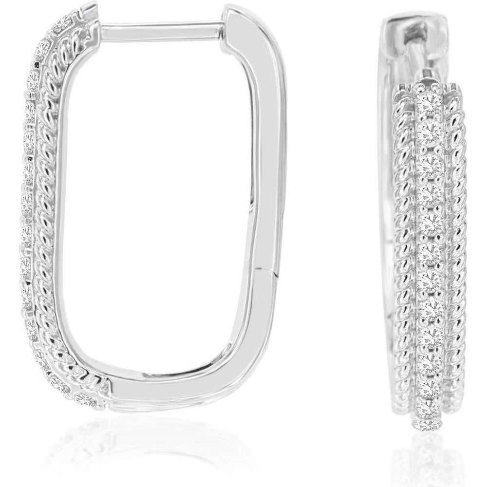 14K White Gold Rectangular Medium Hoop Earrings with Milgrain Detail and Prong-Set Round Diamonds - 0.25 Carat Total Diamond Weight - Royal Jewelry
